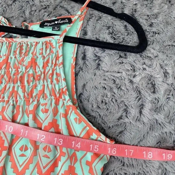 Sequin Hearts Dress Womens Size Small Orange Aqua Smocked Boho Indie Unique Alt - Picture 4 of 10